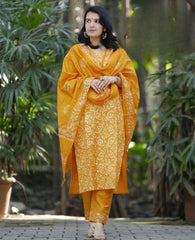Women Cotton Yellow Dupatta Set - Tanvi Kurti