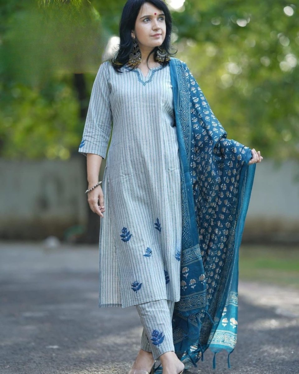 Blue Cotton Khadi Silk Floral Print Dupatta Set - Tanvi Kurti