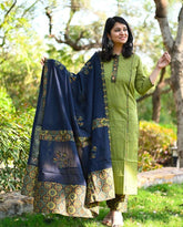 Women Green Ajrak Kurta Pant With Dupatta Set