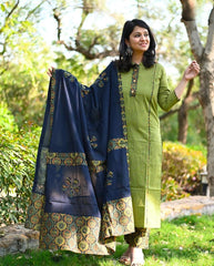 Women Green Ajrak Kurta Pant With Dupatta Set