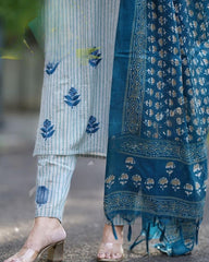 Blue Cotton Khadi Silk Floral Print Dupatta Set - Tanvi Kurti