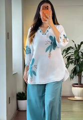 Tanvi Kurti Aqua Blue Bloom Mul Cotton Co-Ord Set