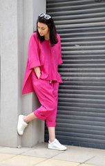 Premium Fuchsia Linen Pants Outfit Wide Pants & Shirt Tunic Top 2 Piece Set for Women - Tanvi Kurti