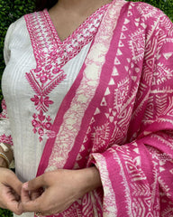 Women Katha Cotton Pink Dupatta set - Tanvi Kurti