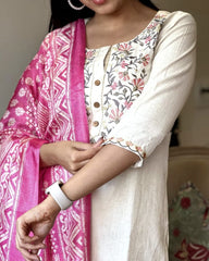 Women Off - White Handloom Cotton Dupatta set - Tanvi Kurti