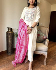 Women Off - White Handloom Cotton Dupatta set - Tanvi Kurti