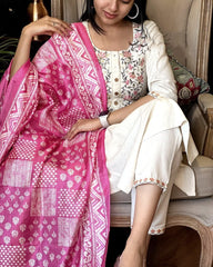 Women Off - White Handloom Cotton Dupatta set - Tanvi Kurti