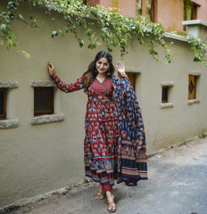 Red Anarkali with Angrakha style Dupatta Set - Tanvi Kurti