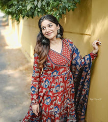 Red Anarkali with Angrakha style Dupatta Set - Tanvi Kurti