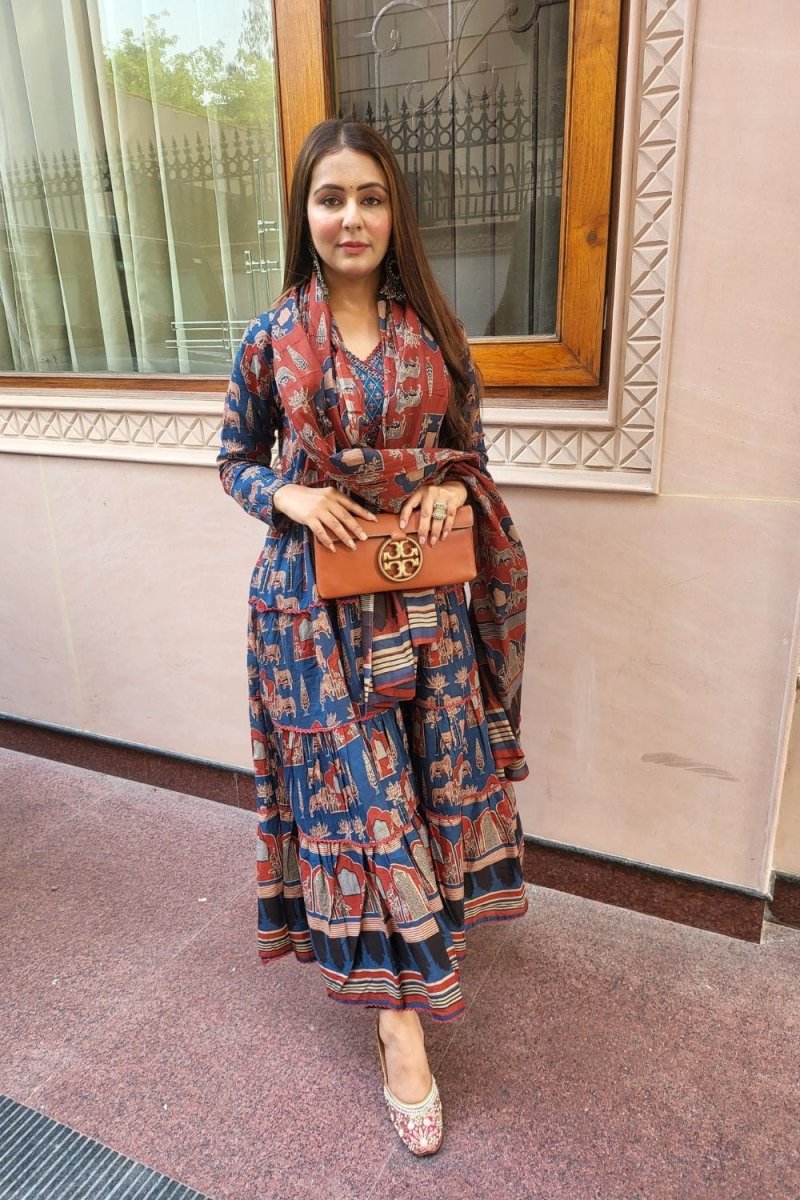 Blue Anarkali with Angrakha style Dupatta Set - Tanvi Kurti