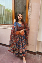 Blue Anarkali with Angrakha style Dupatta Set - Tanvi Kurti