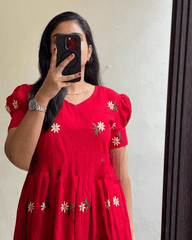 Women Red Cotton Embroidery Middi Gown - Tanvi Kurti