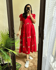 Women Red Cotton Embroidery Middi Gown - Tanvi Kurti