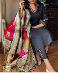 Women Handloom Cotton Black Dupatta set - Tanvi Kurti