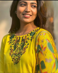 Women Cotton Slub Yellow and Madhubani Print Dupatta set - Tanvi Kurti
