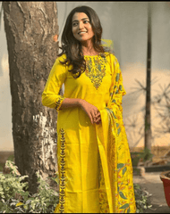 Women Cotton Slub Yellow and Madhubani Print Dupatta set - Tanvi Kurti
