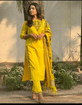 Women Cotton Slub Yellow and Madhubani Print Dupatta set - Tanvi Kurti