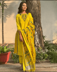 Women Cotton Slub Yellow and Madhubani Print Dupatta set - Tanvi Kurti