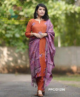 Women Khadi Cotton Orange Kurta Pant and Dupatta set