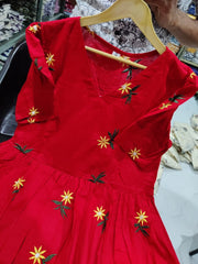 Women Red Cotton Embroidery Middi Gown - Tanvi Kurti