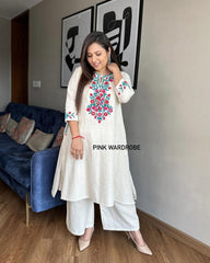Women Cotton White Front Embroidery Kurta Pant set - Tanvi Kurti