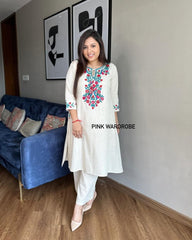 Women Cotton White Front Embroidery Kurta Pant set - Tanvi Kurti