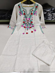 Women Cotton White Front Embroidery Kurta Pant set - Tanvi Kurti