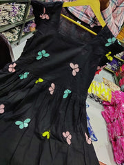 Women Black Butterfly Embroidery Middi Gown - Tanvi Kurti