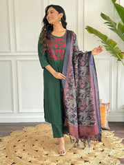 Women Embroidery Cotton Green Dupatta set - Tanvi Kurti