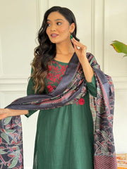 Women Embroidery Cotton Green Dupatta set - Tanvi Kurti