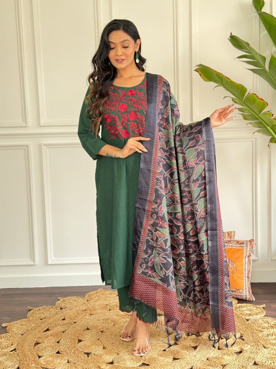 Women Embroidery Cotton Green Dupatta set - Tanvi Kurti