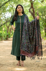 Women Front Embroidery Green Cotton Dupatta set - Tanvi Kurti
