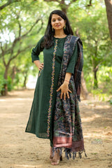 Women Front Embroidery Green Cotton Dupatta set - Tanvi Kurti