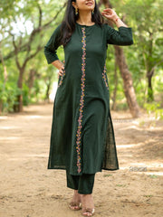 Women Front Embroidery Green Cotton Dupatta set - Tanvi Kurti