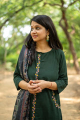 Women Front Embroidery Green Cotton Dupatta set - Tanvi Kurti