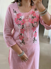 Women Pink Embroidery Yoke Cotton Dupatta set - Tanvi Kurti