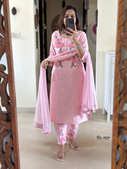 Women Pink Embroidery Yoke Cotton Dupatta set - Tanvi Kurti