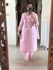 Women Pink Embroidery Yoke Cotton Dupatta set - Tanvi Kurti