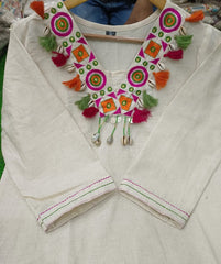 Women Off - White Embroidery Tussle Cotton Kurta set - Tanvi Kurti
