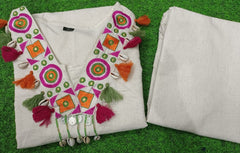 Women Off - White Embroidery Tussle Cotton Kurta set - Tanvi Kurti