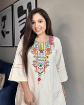 Women Cotton Embroidery Off - White Kurta set - Tanvi Kurti