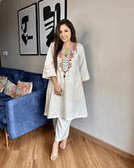 Women Cotton Embroidery Off - White Kurta set - Tanvi Kurti