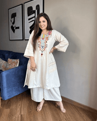 Women Cotton Embroidery Off - White Kurta set - Tanvi Kurti