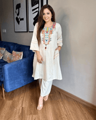 Women Cotton Embroidery Off - White Kurta set - Tanvi Kurti