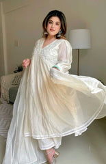 Women Chanderi White Dupatta set - Tanvi Kurti