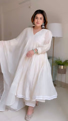 Women Chanderi White Dupatta set - Tanvi Kurti