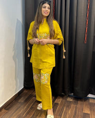 Women Yellow Embroidery Co - Ord set - Tanvi Kurti