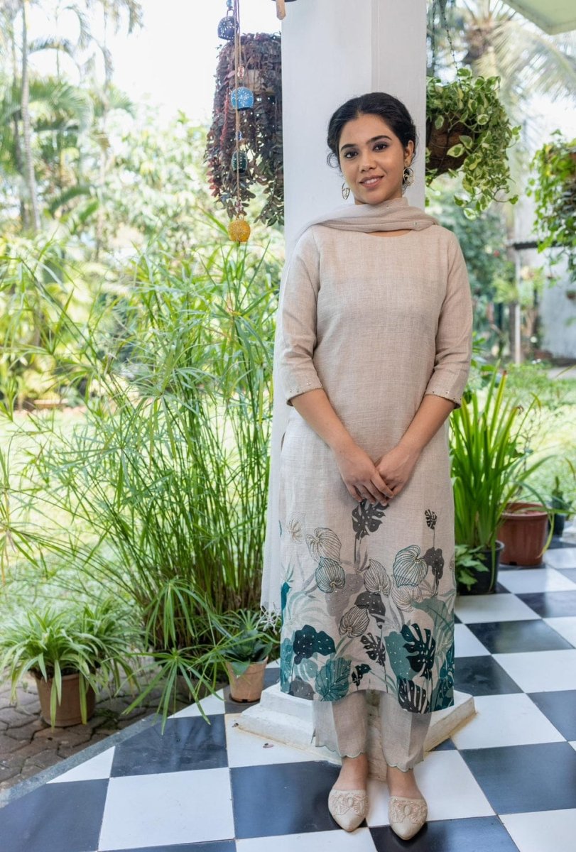 Women Cotton Linen White Dupatta set - Tanvi Kurti