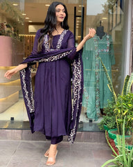 Women Purple Cotton and Organza Dupatta set - Tanvi Kurti
