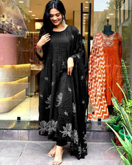 Women Cotton Black Kurta Pant and Dupatta set